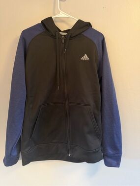 adidas Men's Black Hoodie with Navy Sleeves Full-Zip Sweater